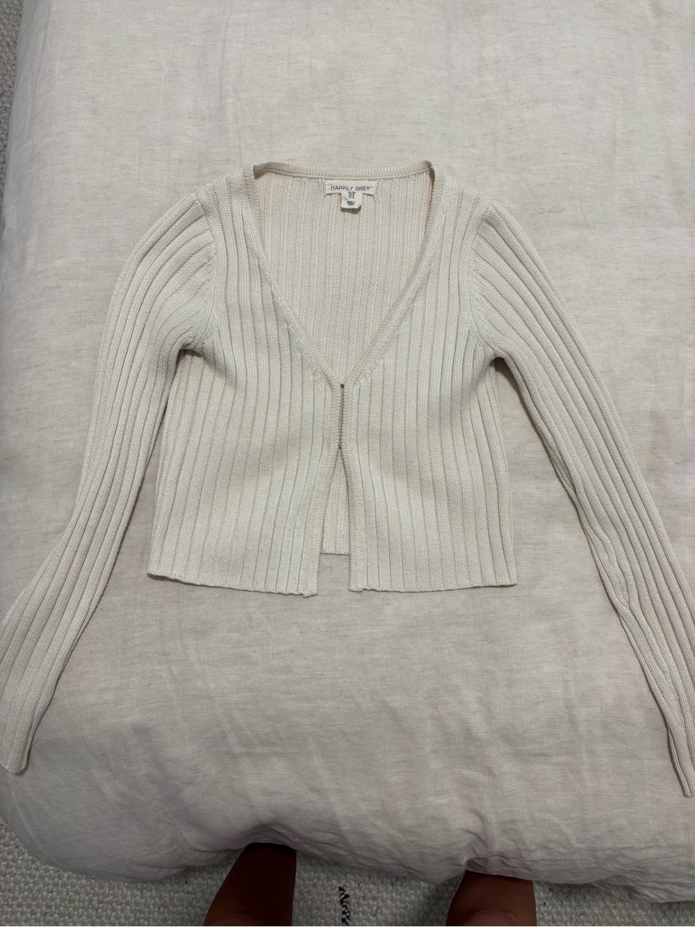 Cream Ribbed V-Neck Cardigan Sweater